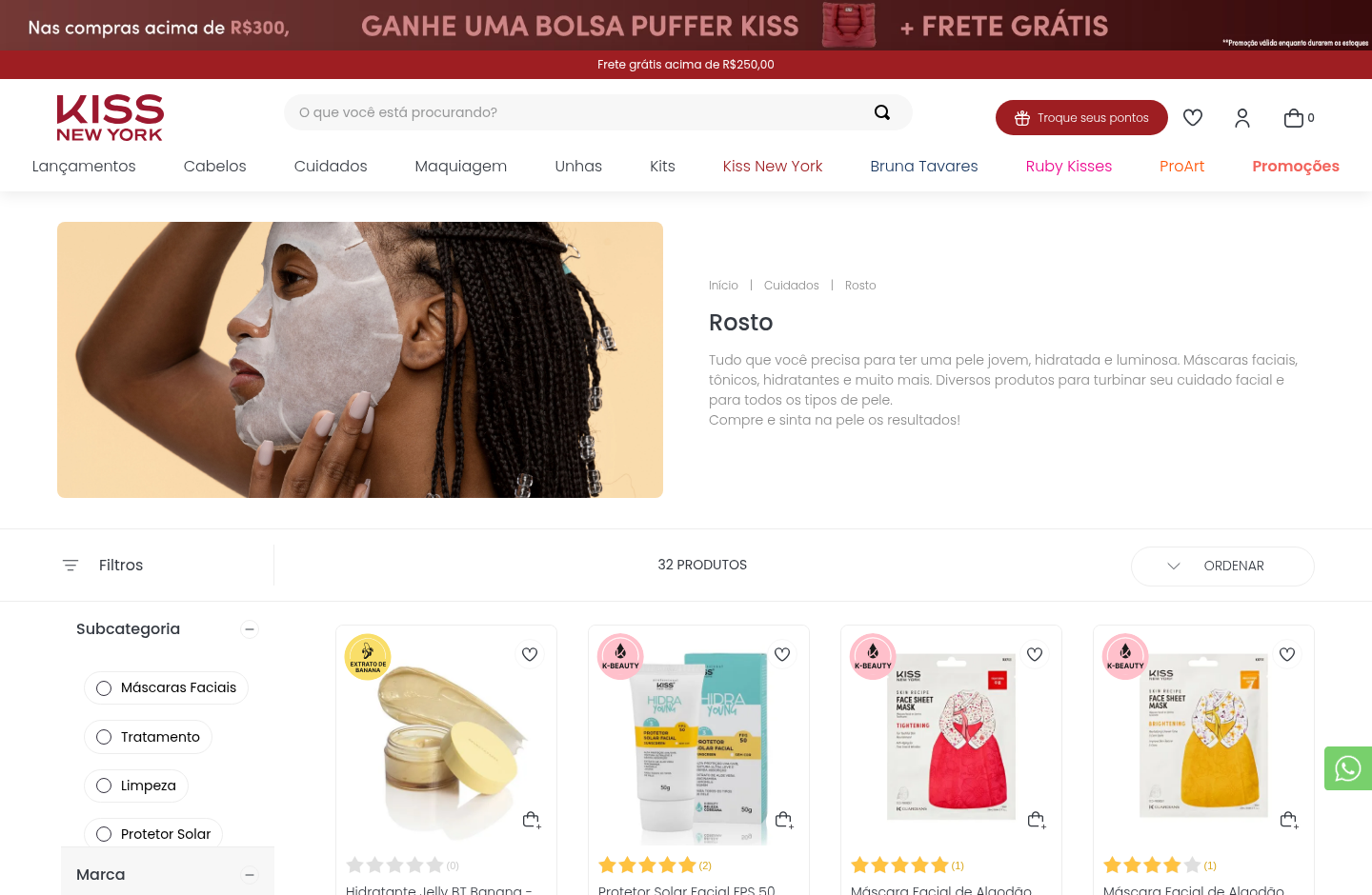 Captura da página de rosto da Kiss New York com produtos de skincare e ofertas