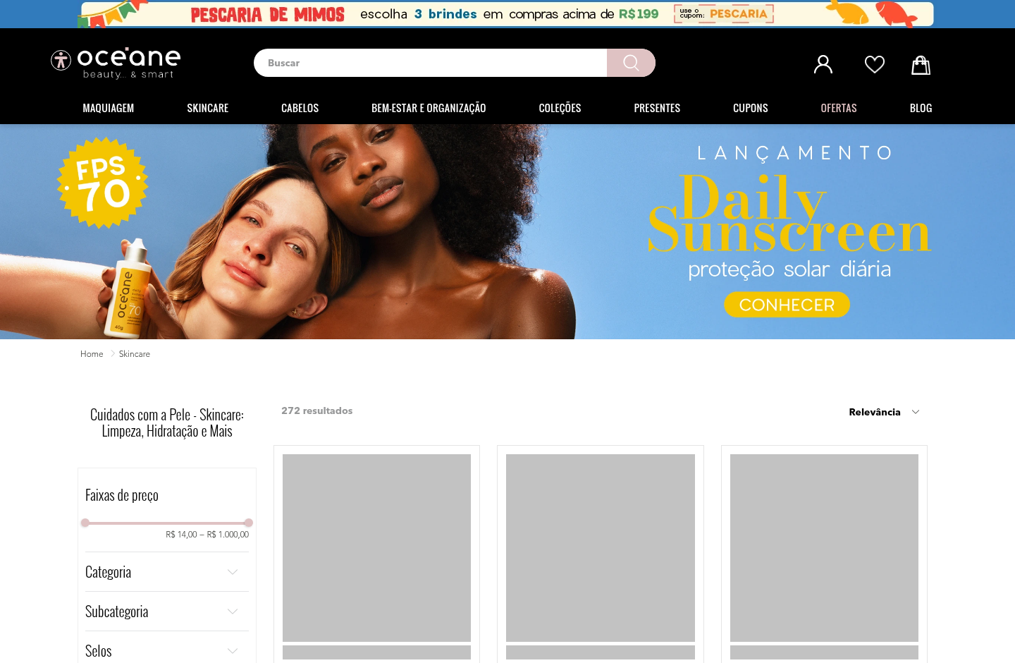 Captura da página de skincare da Océane com navegação por categorias e filtros
