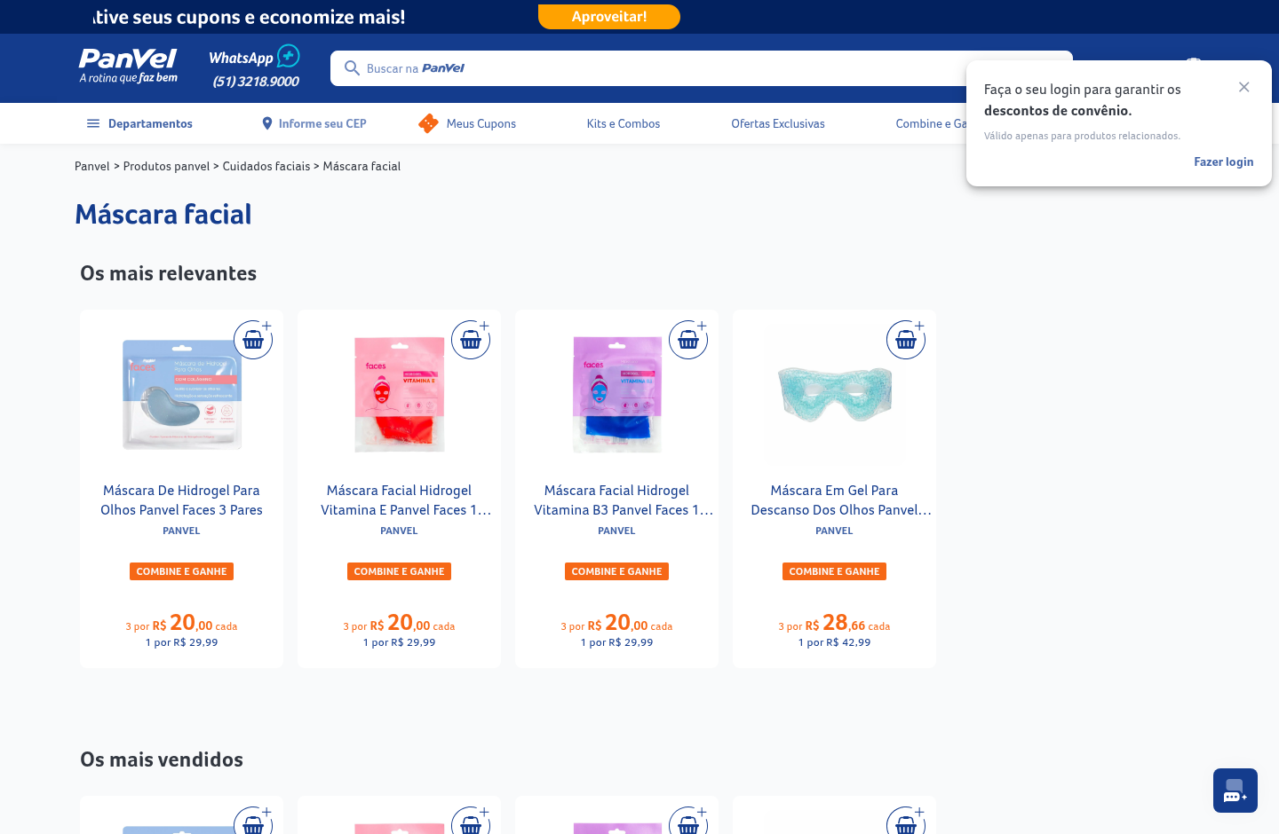 Captura da página de máscaras faciais da Panvel com estrutura de e-commerce
