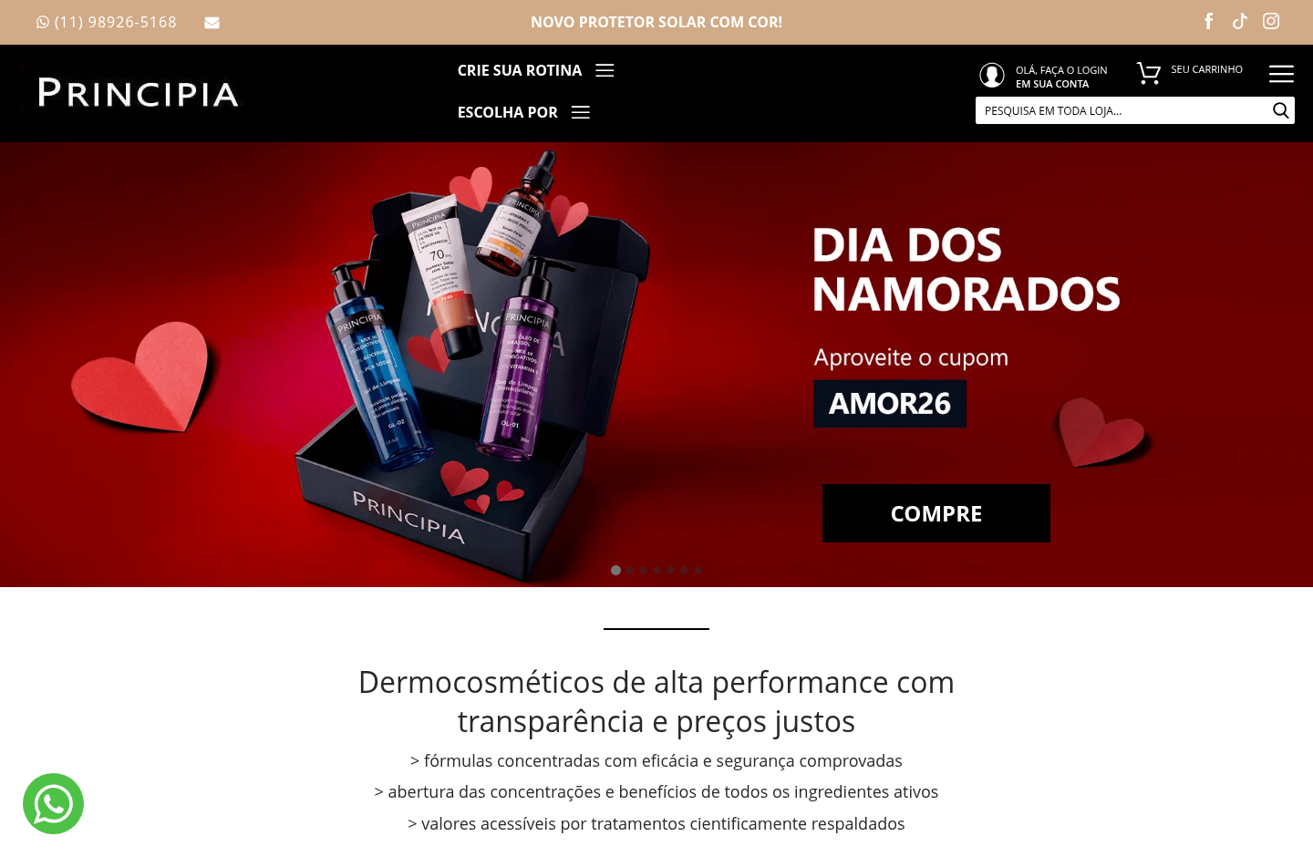 Captura da home da Principia com campanha de dermocosméticos e chamada comercial